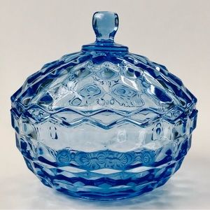 Fostoria American Cubist Blue Lidded Candy/Nut Bowl